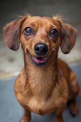 A charming dachshund with an eager expression sits calmly, its shiny coat gleaming as it poses