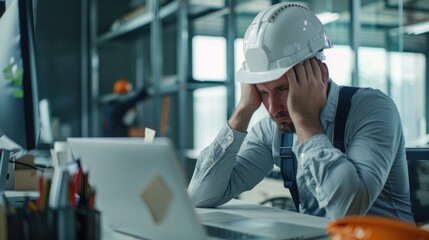 Unhappy Construction engineer stress of Construction project failure. in the office