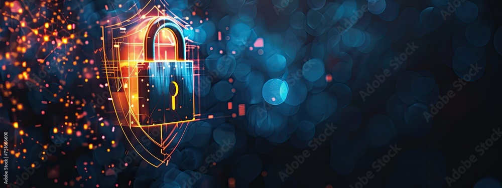 Poster data security technology and privacy specialist. abstract background of a padlock on shield with cop