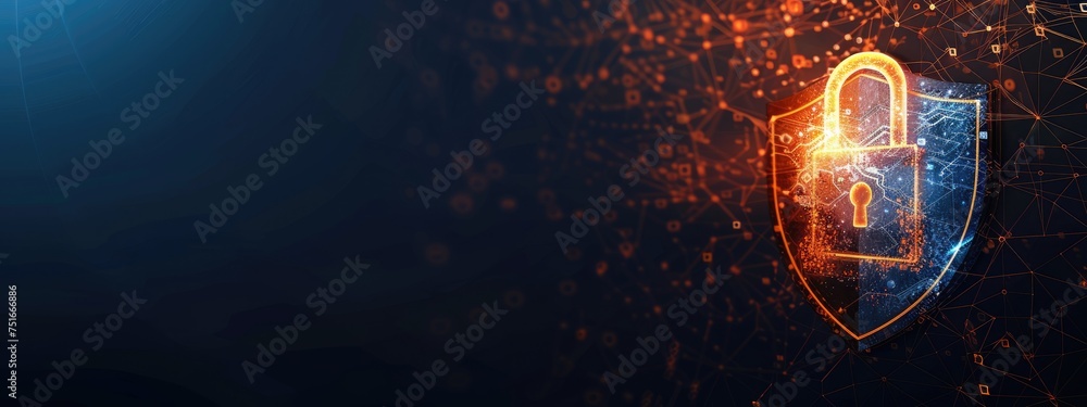 Poster data security technology and privacy specialist. abstract background of a padlock on shield with cop