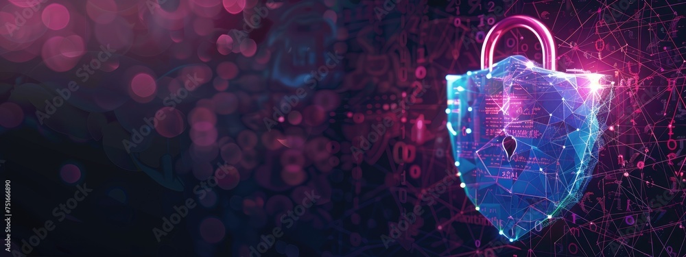 Poster data security technology and privacy specialist. abstract background of a padlock on shield with cop