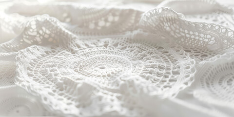 Delicate Crochet Lacework on White Background. Intricate white crochet patterns offering a soft, detailed texture. - obrazy, fototapety, plakaty