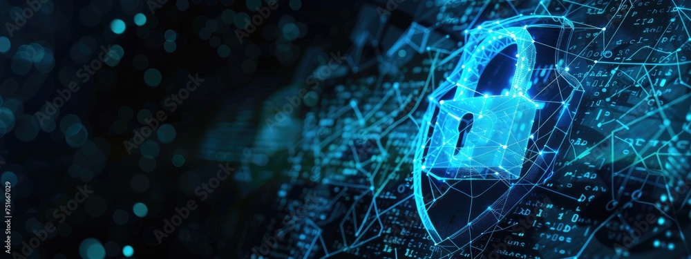 Poster data security technology and privacy specialist. abstract background of a padlock on shield with cop