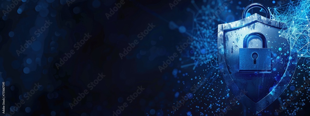 Poster data security technology and privacy specialist. abstract background of a padlock on shield with cop