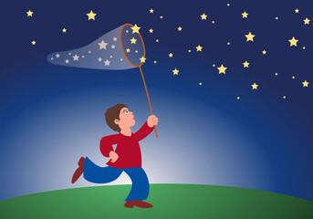 Concept du rêve et de l’imagination avec le dessin d’un enfant qui attrape des étoiles avec un filet.