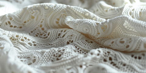 Delicate Crochet Lacework on White Background. Intricate white crochet patterns offering a soft, detailed texture. - obrazy, fototapety, plakaty