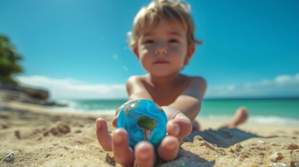 On a tranquil beach, a young toddler extends their hand to offer a miniature globe to the world, embodying the innocence and hope of Earth's future caretakers.