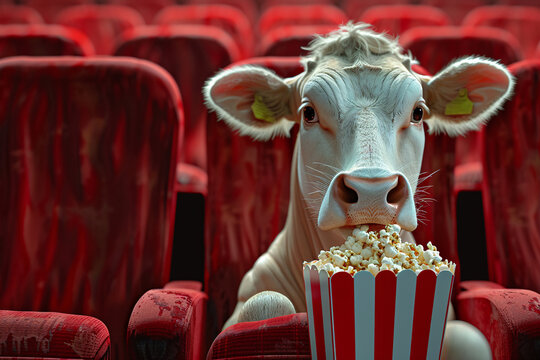 a cow eating popcorn in a movie theater