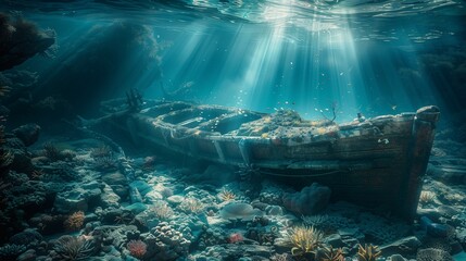 An ancient, sunken ship resting on the ocean floor, surrounded by a vibrant coral reef teeming with marine life. - obrazy, fototapety, plakaty