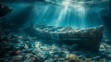Foto op Plexiglas Schipbreuk An ancient, sunken ship resting on the ocean floor, surrounded by a vibrant coral reef teeming with marine life.