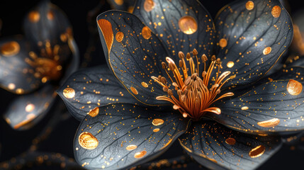 Beautiful spring black flower with golden decoration on black background as wallpaper illustration, Elegant  Black Gold Flower	