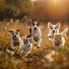 
Cute funny dog and cat group jumps and running and happily a field blurred background