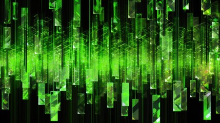 A dynamic visual of abstract green crystal rain, cascading with light play that gives the sense of a vibrant, living artwork.