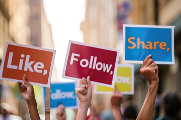 hands with an inscription with the words "Like", "Share" and "follow", facilitating interaction with the audience.