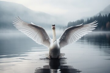 A swan gracefully gliding across on a calm lake, A swan on a lake with a sunset, Elegant swan, Ai generated