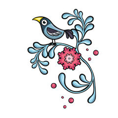 Blue crow ethno bird cartoon, hand drawn vector illustration