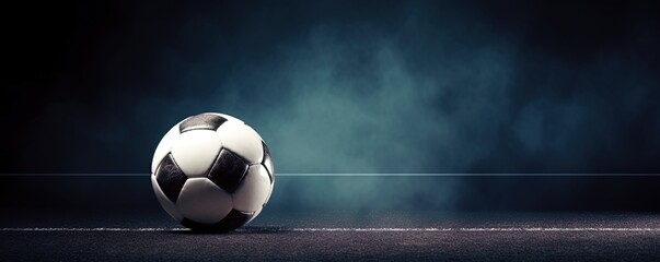Football or Soccer with spotlight and fade-out shadow in the dark background. Copy space. Sport and game concept. - obrazy, fototapety, plakaty
