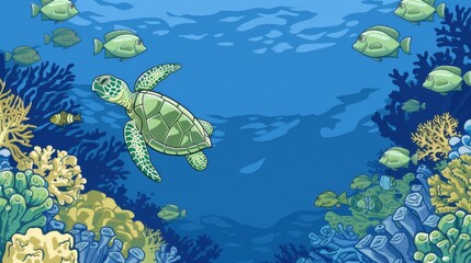 An inviting illustration of sea turtles exploring the wonders of the ocean, with coral reefs and diverse fish species accentuating the richness of marine ecosystems.