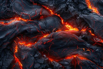 A detailed view of molten lava flowing down a rocky terrain, showcasing the intense heat and movement of the volcanic substance.