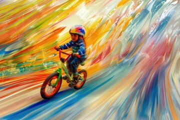 A boy rides a bicycle on a colorful background. A child is not a bicycle in motion.
