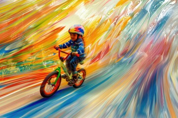 Fototapeta premium A boy rides a bicycle on a colorful background. A child is not a bicycle in motion.