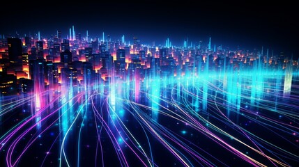 3D illustration illustrating digital information transmission through fiber optic cables.