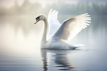 Obraz premium A swan gracefully gliding across on a calm lake, A swan on a lake with a sunset, Elegant swan, Ai generated