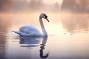 A swan gracefully gliding across on a calm lake, A majestic swan gracefully gliding across a serene lake, Ai generated - obrazy, fototapety, plakaty