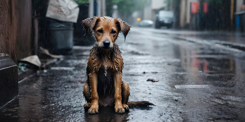 Stray homeless dog. Sad abandoned hungry puppy sitting alone in the street under rain. Dirty wet lost dog outdoors. Pets adoption, shelter, rescue, help for pets - obrazy, fototapety, plakaty