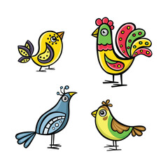 set of small funny birds, conures, parrots cartoon, vector illustration drawn by hand