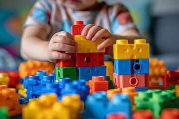 A young child is engrossed in playing with a colorful building set, stacking blocks and creating structures on a table.
