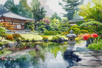Fototapeta premium Japanese Spring Garden Landscape Painting, Japan Garden Watercolor Tradition Draw, Copy Space