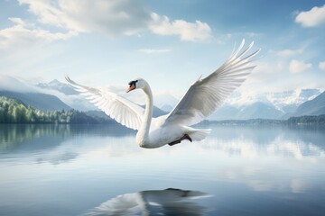 A swan gracefully gliding across on a calm lake, A majestic swan gracefully gliding across a serene lake, Ai generated - obrazy, fototapety, plakaty