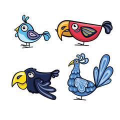 set of small funny birds, conures, parrots cartoon, vector illustration drawn by hand
