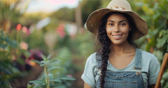 Smiling Young Woman Farming and Gardening in Garden: Gardening, Sunshine, and Positivity