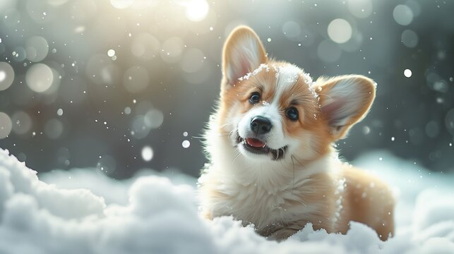 A corgi puppy, a companion dog, lies in the snow, looking at the camera