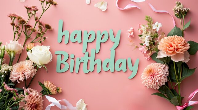 Flat lay composition with decorated bouquet of flowers on pink background. Text Happy Birthday.