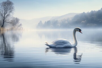 Elegant swan gliding gracefully across a serene lake at dawn, A swan gracefully gliding across on a calm lake, Ai generated