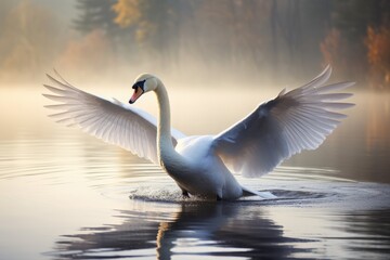 A swan gracefully gliding across on a calm lake. A transparent lake with swans gracefully gliding across the surface, Ai generated - obrazy, fototapety, plakaty