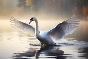 Foto auf Acrylglas A swan gracefully gliding across on a calm lake. A transparent lake with swans gracefully gliding across the surface, Ai generated © Tanu