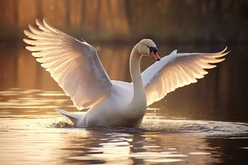 Selbstklebende Fototapeten A swan gracefully gliding across on a calm lake. A transparent lake with swans gracefully gliding across the surface, Ai generated © Tanu