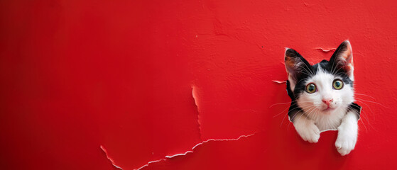 A domestic cat's white paws emerge from a gaping hole in a vivid red wall, indicating curiosity and...
