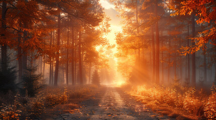 Fototapeta na wymiar path through a golden forest at sunrise with fog and warm light.