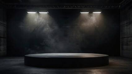 3D podium black dark smoke background product platform abstract stage texture fog spotlight. Dark black floor podium display studio smoky dust