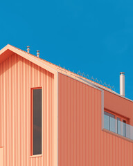 Architecture peach exterior wooden slats design lifestyle  blue sky sunlight abstract minimalist living 3d illustration render digital rendering - 751669645