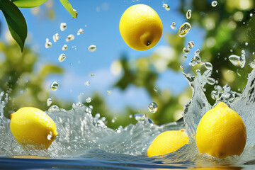 Zitronen die in Wasser fallen Nahaufnahme Hintergrund