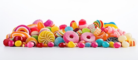 A vibrant and sweet assortment of colorful candies is stacked in a pile on a clean white background. The candies are a burst of different colors, creating a visually appealing display of treats.