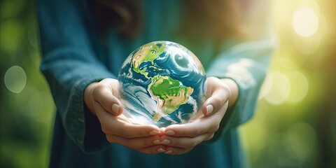 Beautiful young woman activist holding planet earth globe in her hand in climate action and environmental conservation concept