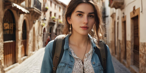 Traveler girl in street of old town in Spain. Young backpacker tourist in solo travel. Vacation, holiday, trip - obrazy, fototapety, plakaty