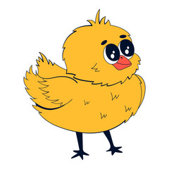 Cute little chicken character in retro style. Vector illustration of a small yellow bird on a white isolated background.